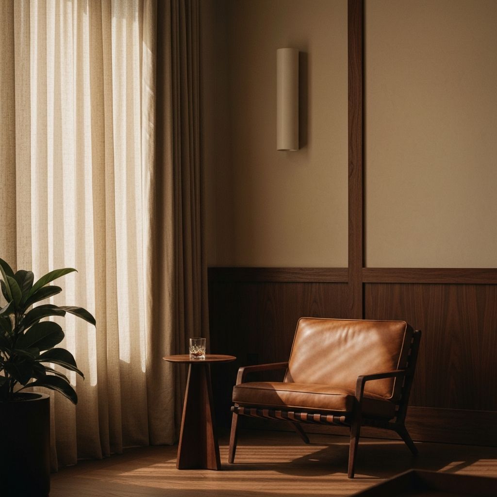 Warm interior with dark wood, leather chair, and soft daylight